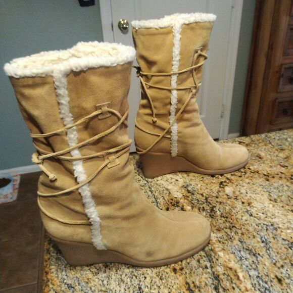 Kors Michael Kors Women's Aviator Shearling Lined Suede Wedge Boots Tan Sz 7.5 M - Picture 1 of 12